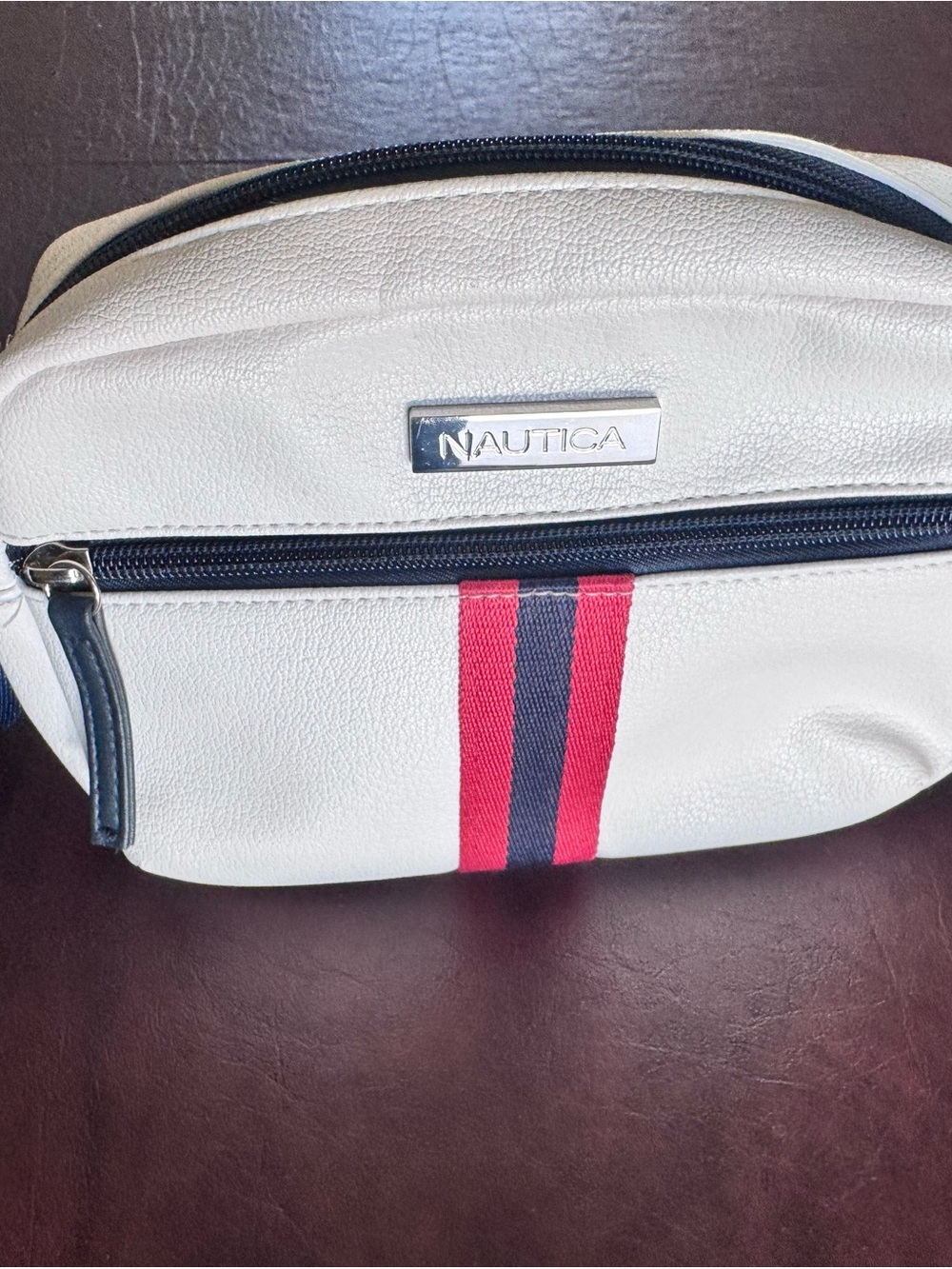 Nautica White Faux Leather Belt Bag with Red and Navy Stripes